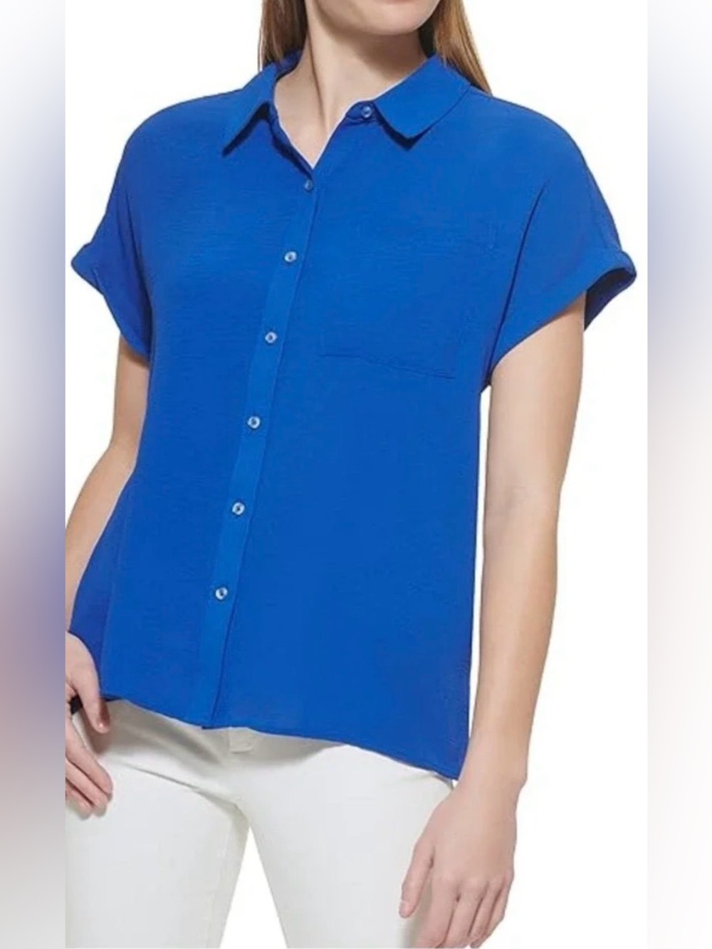 Calvin Klein Women’s Woven Short Sleeve Button Down Shirt - Blue - Medium